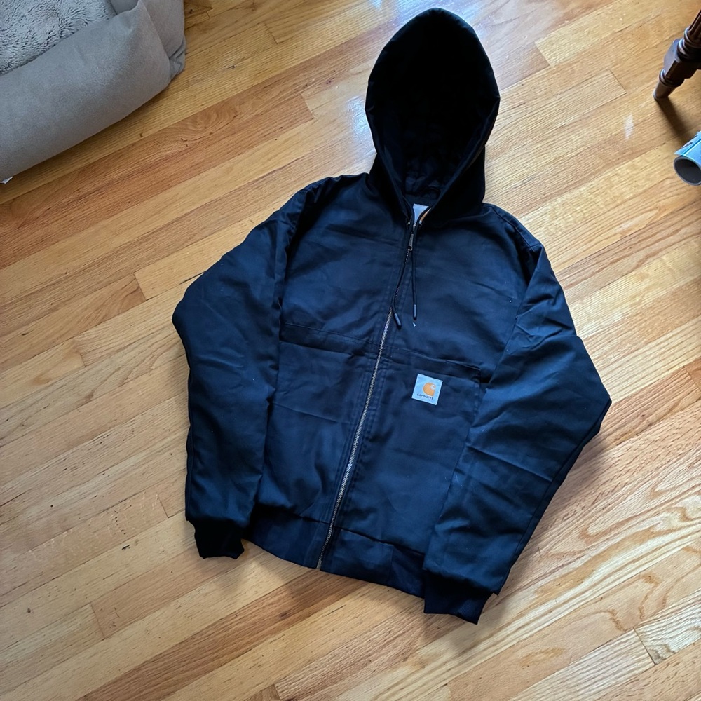 Vtg style Men’s Carhartt Black Hooded work wear Bomber Jacket NWOT sz Small